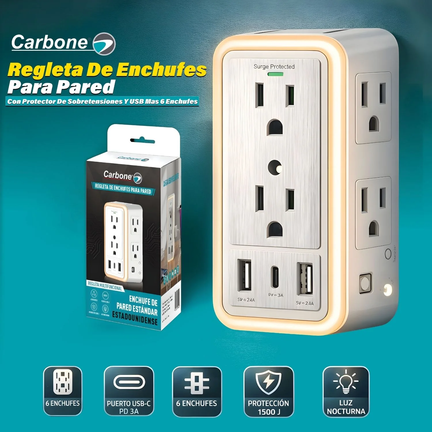 Regleta De Enchufes Para Pared Carbone Con Protector De Sobretensiones Y USB Mas 6 Enchufes Y Lampara Led Touch