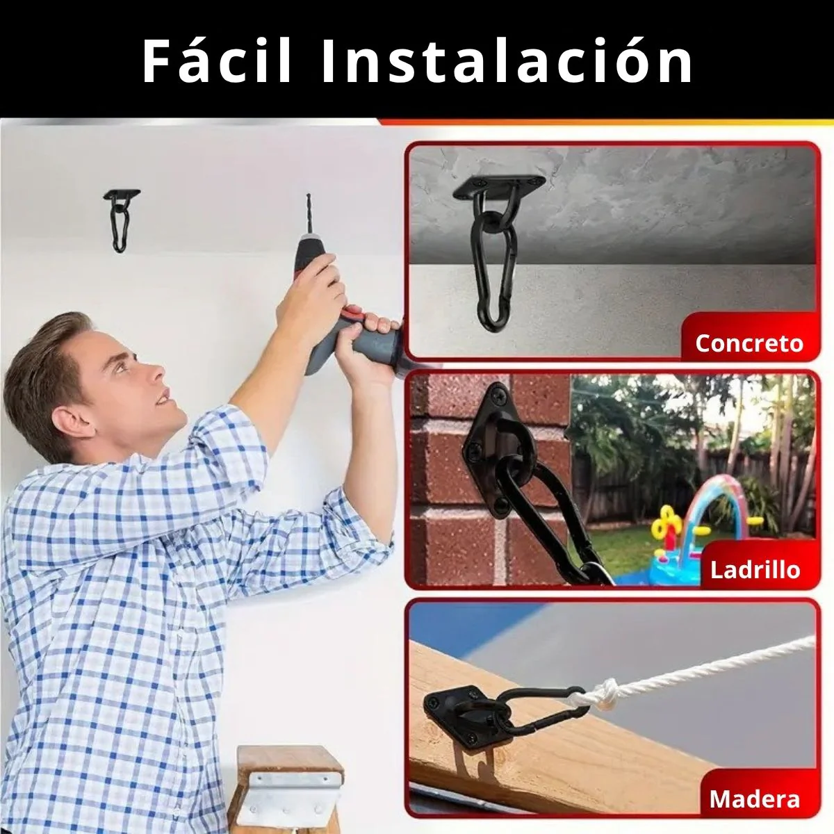 Gancho Para Hamaca Con Mosquetón De 5 Mm En Hierro. Capacidad 200 Lbs. Argolla Para Poleas, Columpios, Entrenamiento Fitness Y Cuerdas. (Set De 2 Unds) Color Negro - Image 2