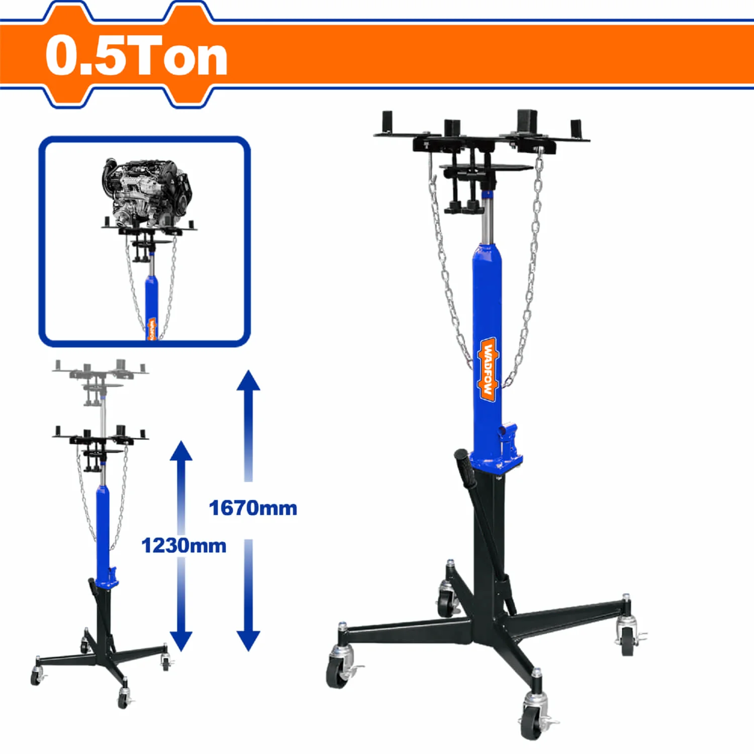 Gato Hidráulico Para Elevación De Transmisiones, Motor Y La Transmisión Con Ruedas. Capacidad 0.5 Ton. Alt.Min 1230Mm Alt.Max 1670Mm