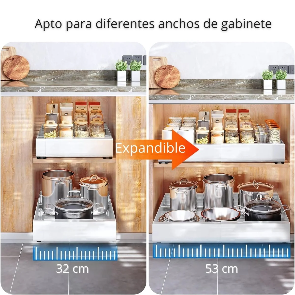 Gavetero Organizador De Cocina Expandible Y Extraíble De Acero Para Latas, Platos Y Despensa. 32 A 53Cm De Ancho X42.5Cm Profundo. Color Blanco. 1 Unidad - Image 3