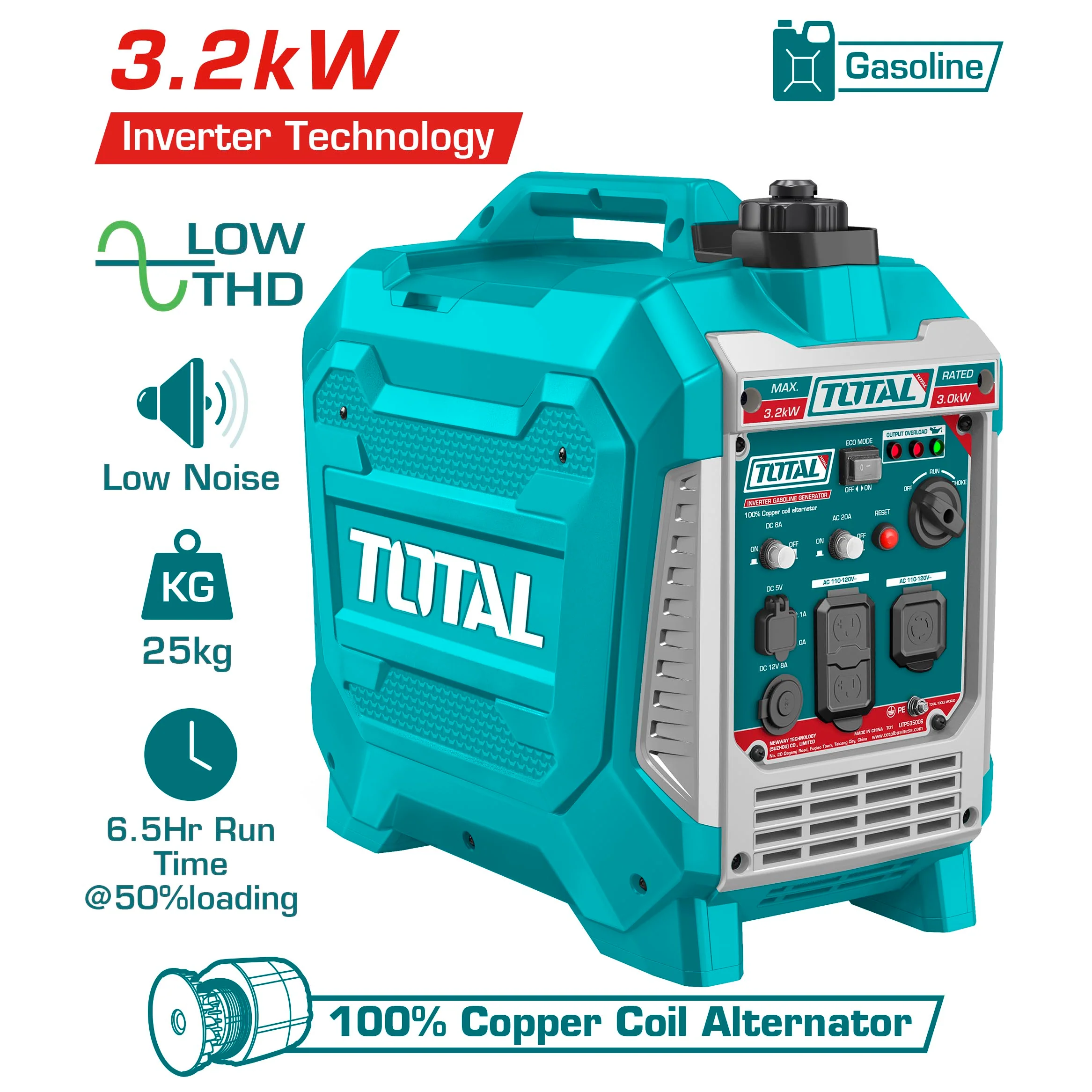 Generador 3.2Kw Inverter De Gasolina. 110-120V. Uso 6.5 Horas. 25Kg. Combustible 6.3L Planta