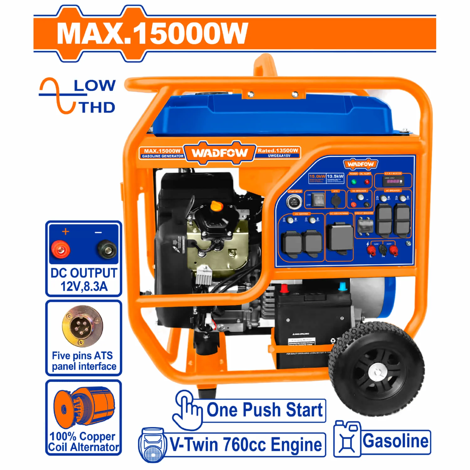 Generador A Gasolina 15,000W 15Kw 110-120V 60Hz 3600Rpm 50L Motor V-Twin Arranque Con Botón. Planta