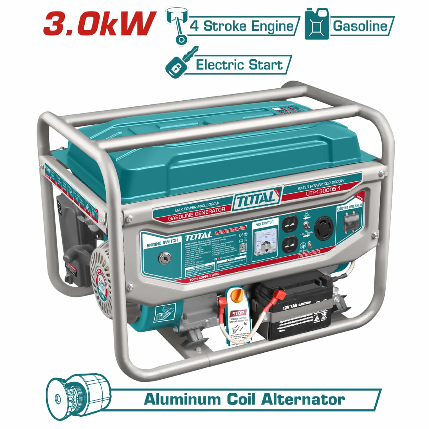 Generador A Gasolina 3000W Total 110V-220V 60Hz. Velocidad Nominal: 3600Rpm. Motor: 4 Tiempos OHV. Planta Eléctrica.