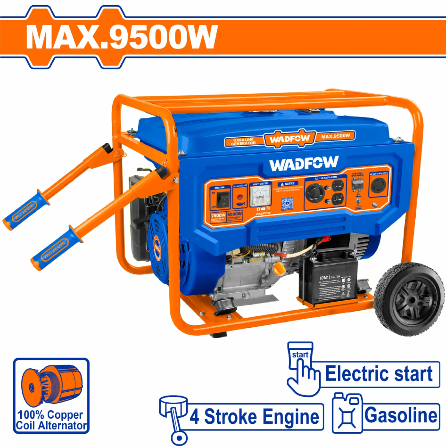 Generador A Gasolina 9500W 110-120V  25L Frec. Nom. 60Hz 3600Rpm Motor 4 Tiempos OHV Arranque Eléctrico. Planta