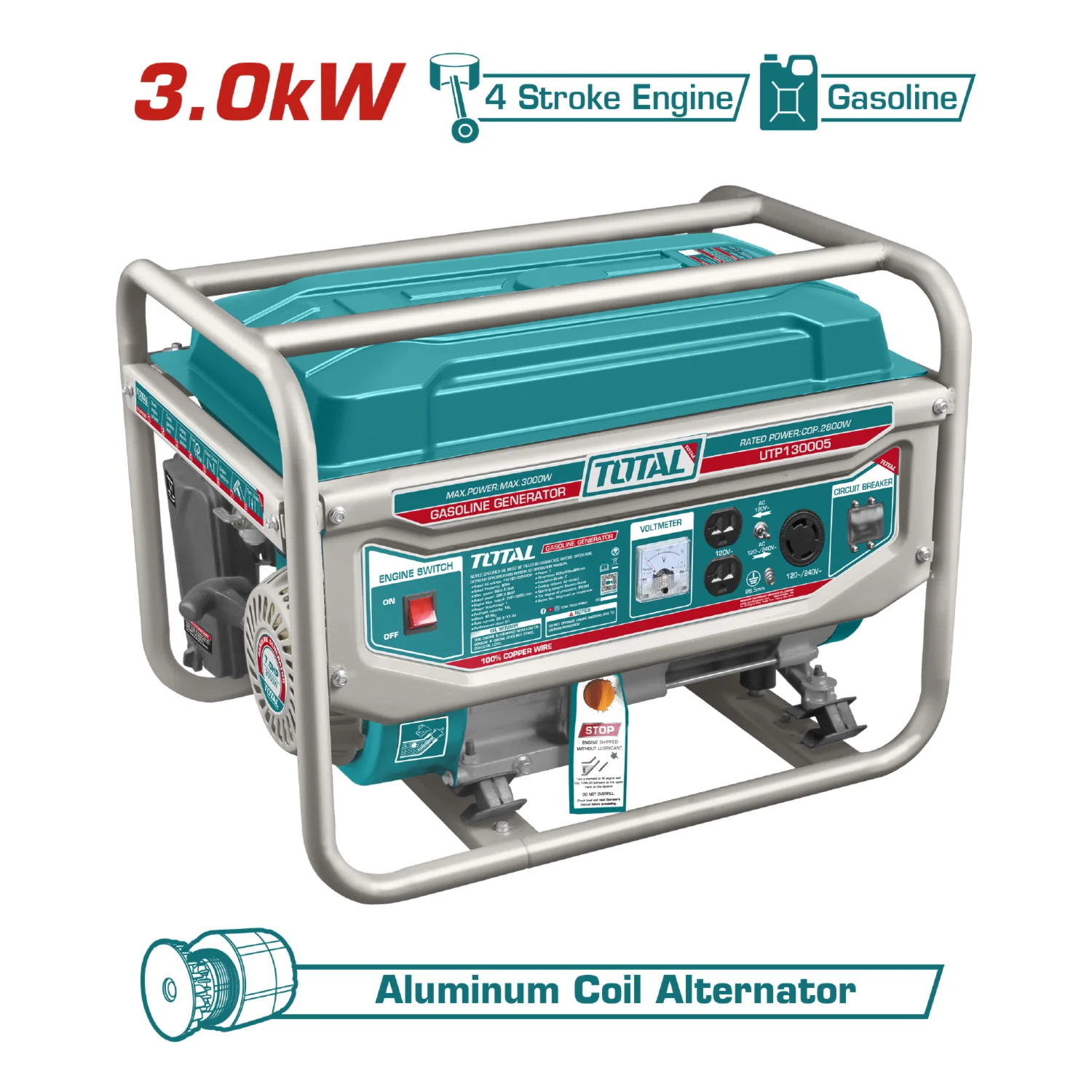 Generador Gasolina Total 110V-220V 60Hz 7.0 HP. 3000 W (RPM):3600. Inicio De Cuerda. Motor De 4 Tiempos.
