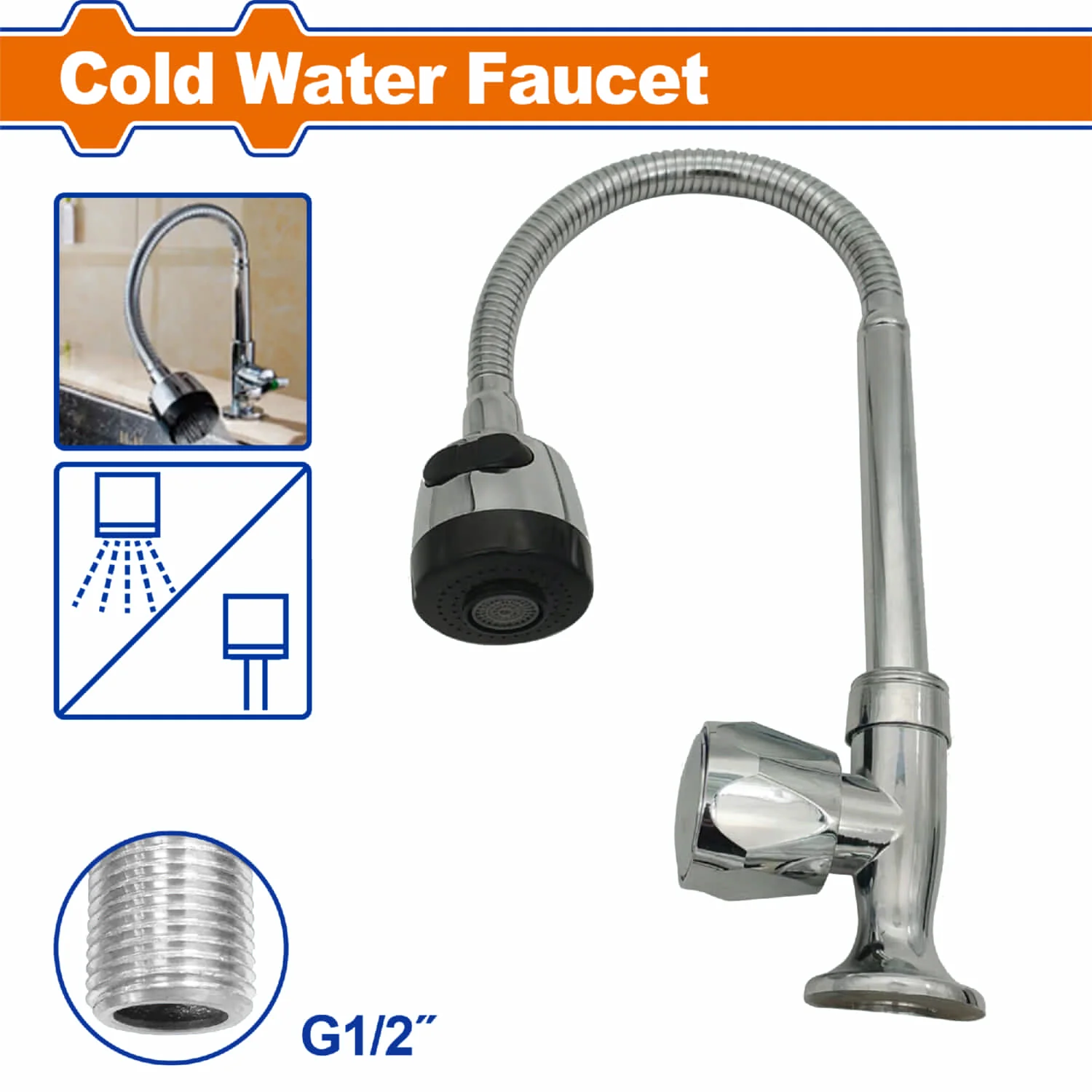 Grifo Agua Fría Para Fregador De Cocina Con Ajuste Universal Giratorio 360° Acabado Niquelado. Llave De Cocina.