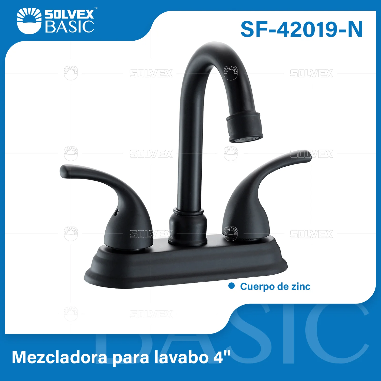 Grifo Mezclador 4" Para Lavamanos. Pluma Llave Con Tubo Inoxidable Y Doble Maneral. Color Negro.