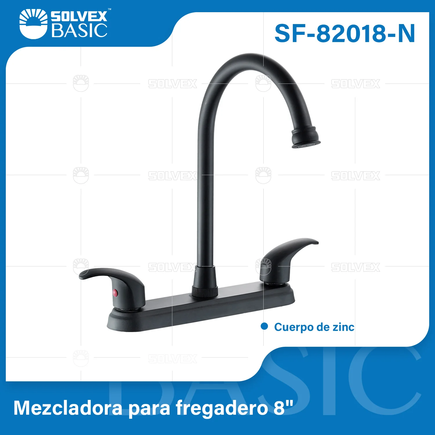 Grifo Mezclador 8" Para Fregador De Cocina. Pluma Llave Con Cuerpo De Zinc Y 1/4 De Vuelta. Color Negro.