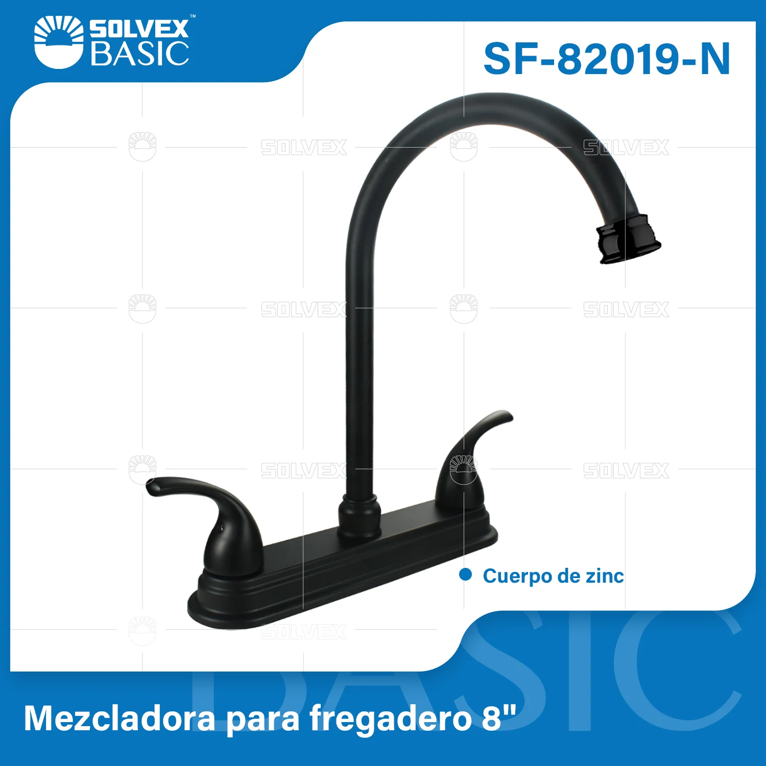 Grifo Mezclador 8" Para Fregador De Cocina. Pluma Llave Con Manijas. Color Negro.