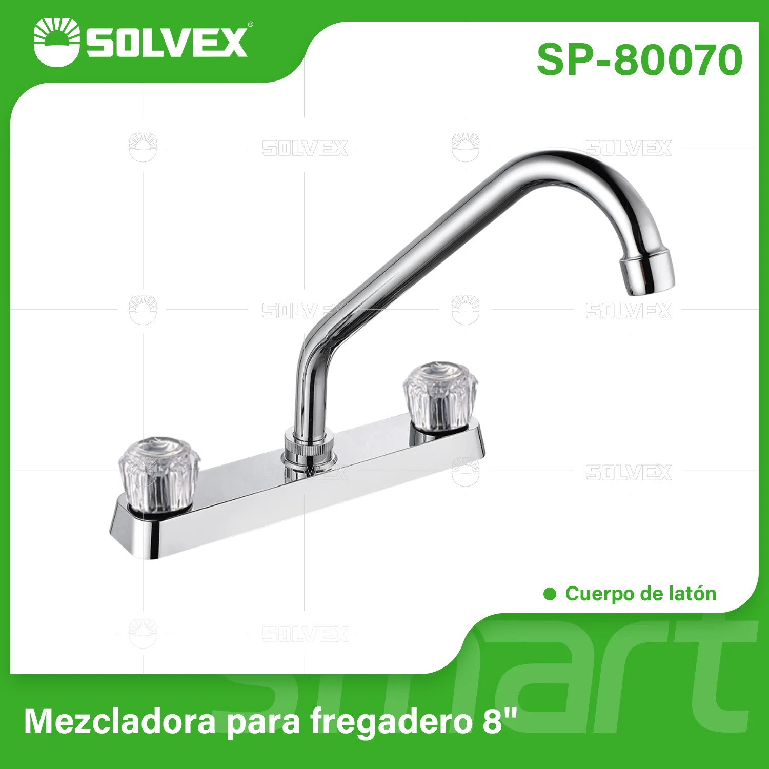 Grifo Para Fregador 8" Con Pluma Giratoria De Latón Cromado Brillante Y Asas Acrílicas Duraderas.
