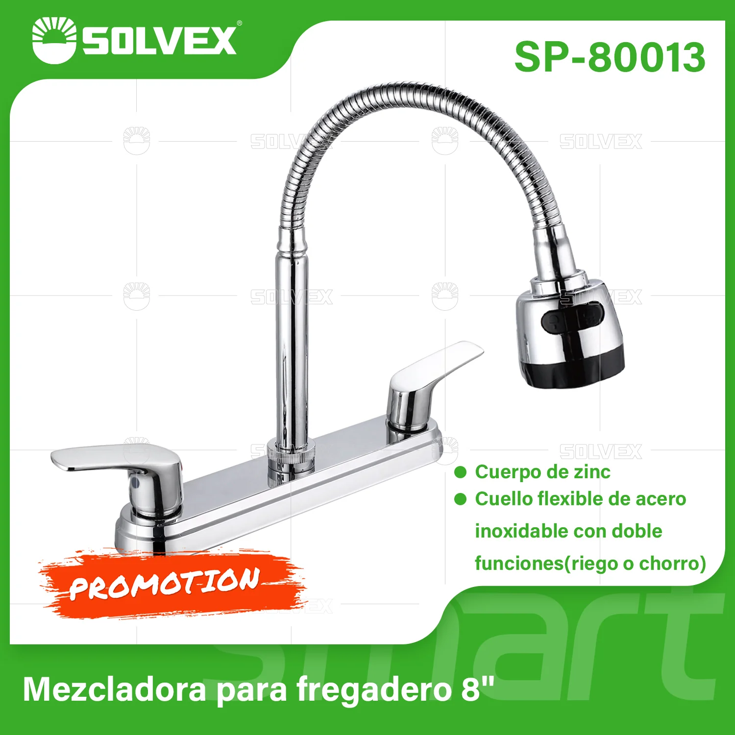 Grifo Para Fregador De Cocina 8". Pluma Con Cuello Flexible De Acero Inoxidable Y Doble Función (Riego O Chorro).
