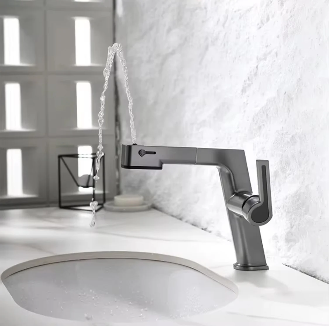 Grifo Para Lavamanos 29 Cm Monomando Manguera Extraible Pluma Lavabo Gris Mate De Alta Calidad