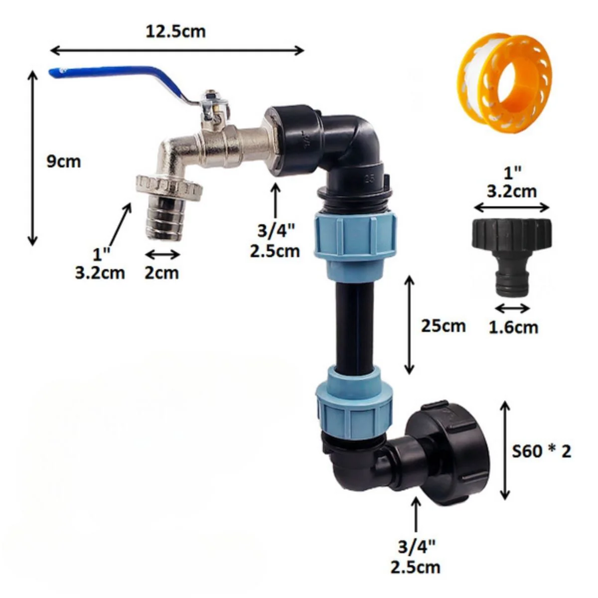 Grifo Para Tanque De Liquidos IBC Con Válvula De Bola Y Conectores Rápidos 3/4'' Y 1''. Kit Set Adaptador S60x6. - Image 3