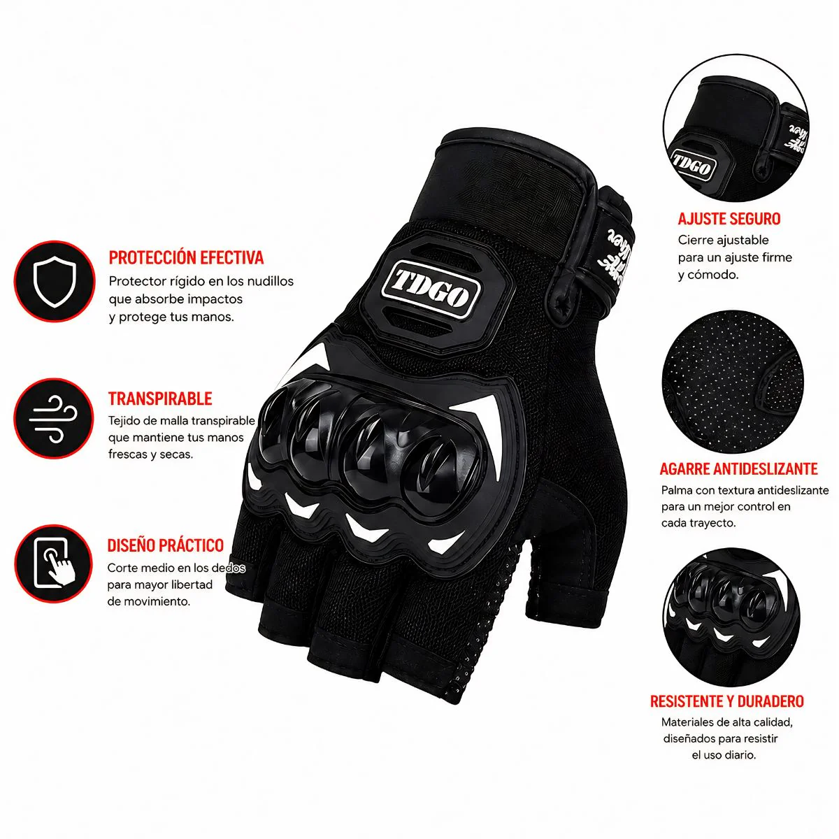 Guantes Para Moto Y Ciclismo De Medio Dedo Con Carcasa PE Anticaídas. Antideslizantes Y Transpirables. Resistentes Al Desgaste. Color Negro. - Image 3