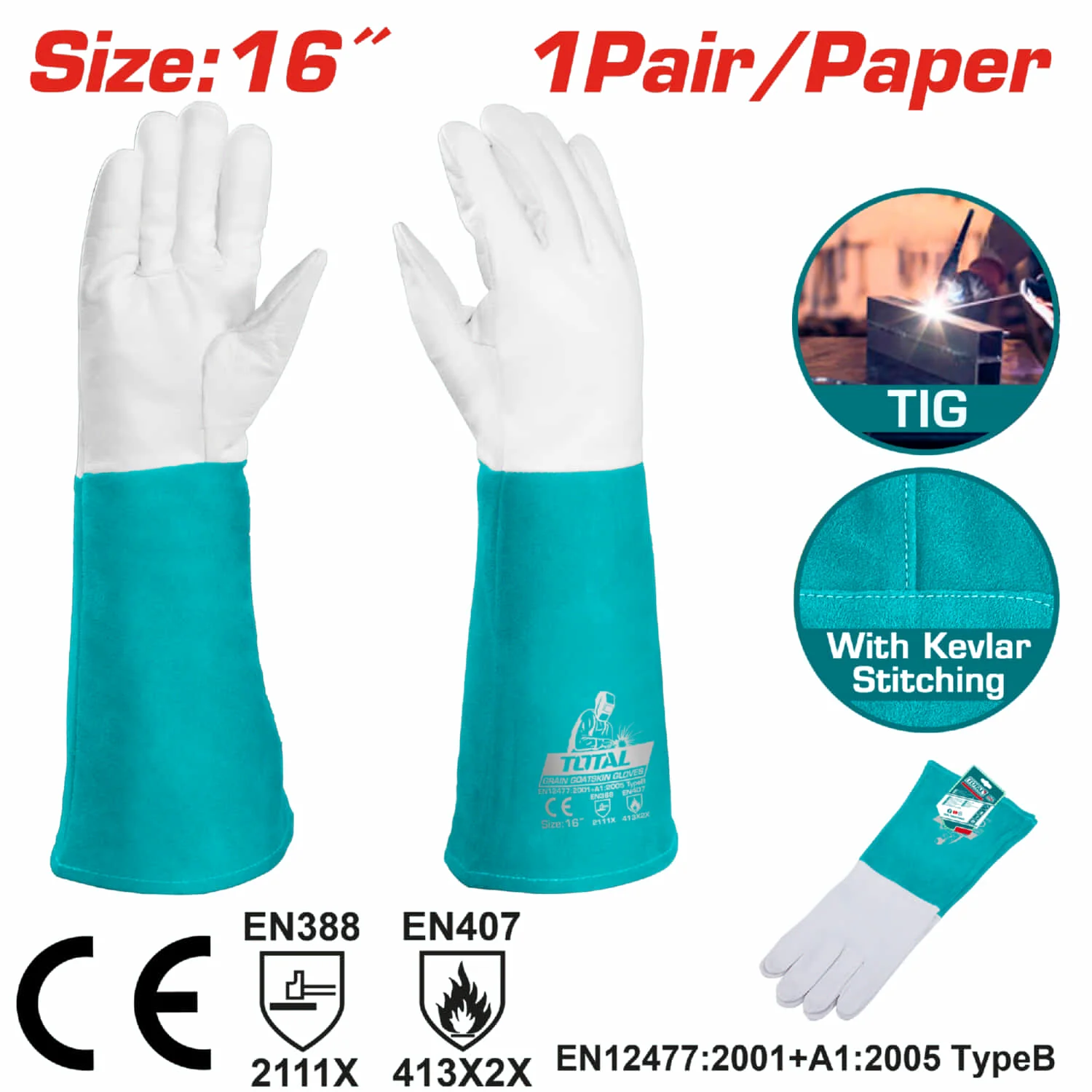 Guantes Para TIG-MIG Cuero Premium De Cabra Ultra Suave. Talla 16" Cuero Kevlar (Par)