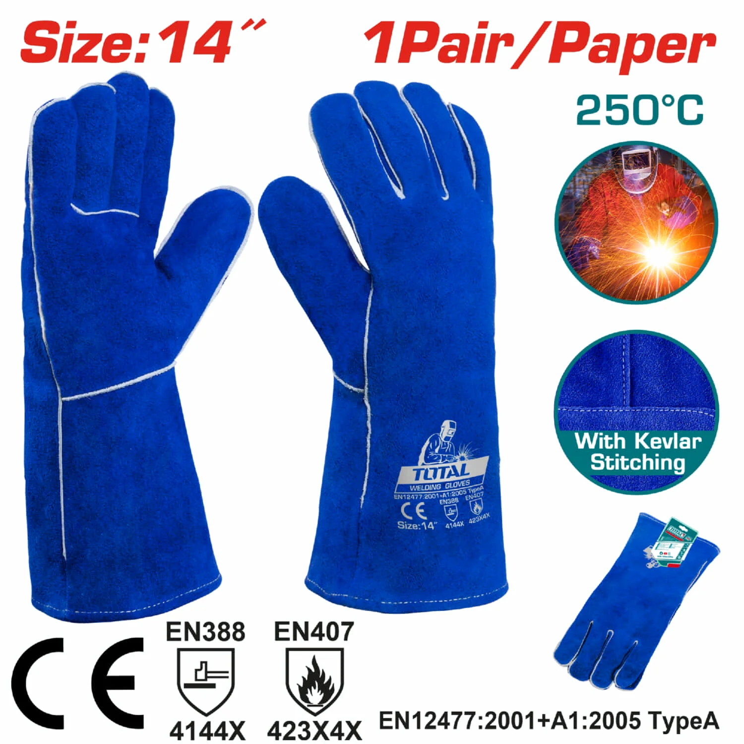 Guantes Suaves Para Soldar Talla 14". Cuero De Vaca. Tejido En Kevlar. (Par) 330 G