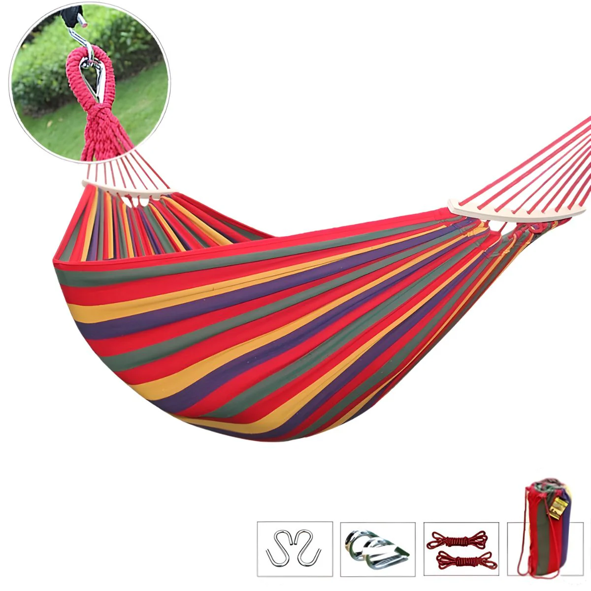 Hamaca De Tela Multicolor Con Barras De Madera (260X100cm). Ideal Para Camping Y Exterior. Incluye Accesorios. - Image 2