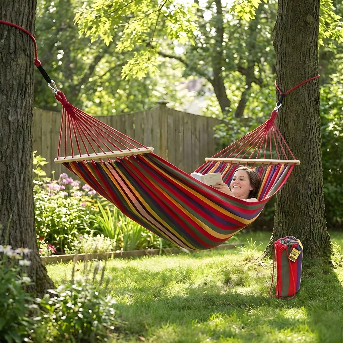 Hamaca De Tela Multicolor Con Barras De Madera (260X100cm). Ideal Para Camping Y Exterior. Incluye Accesorios. - Image 4