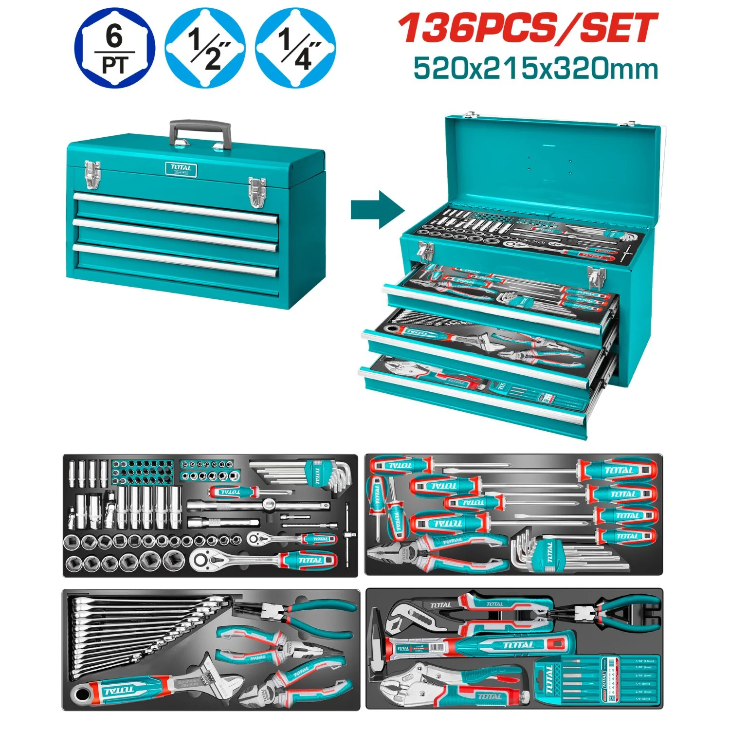 Herramientas Variadas Caja De 3 Niveles Y Una Base. Incluye 136 Piezas. Dimensiones Generales: 520 × 218 × 320 Mm Juego Kit