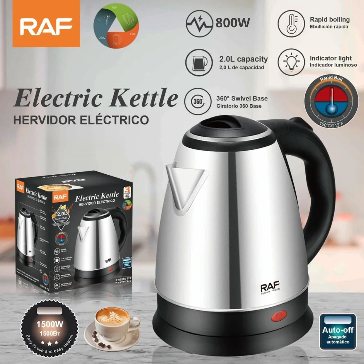 Hervidor Eléctrico 800W 2L Con Apagado Automático Y Base Giratoria 110V /60Hz. Tetera Eléctrica.