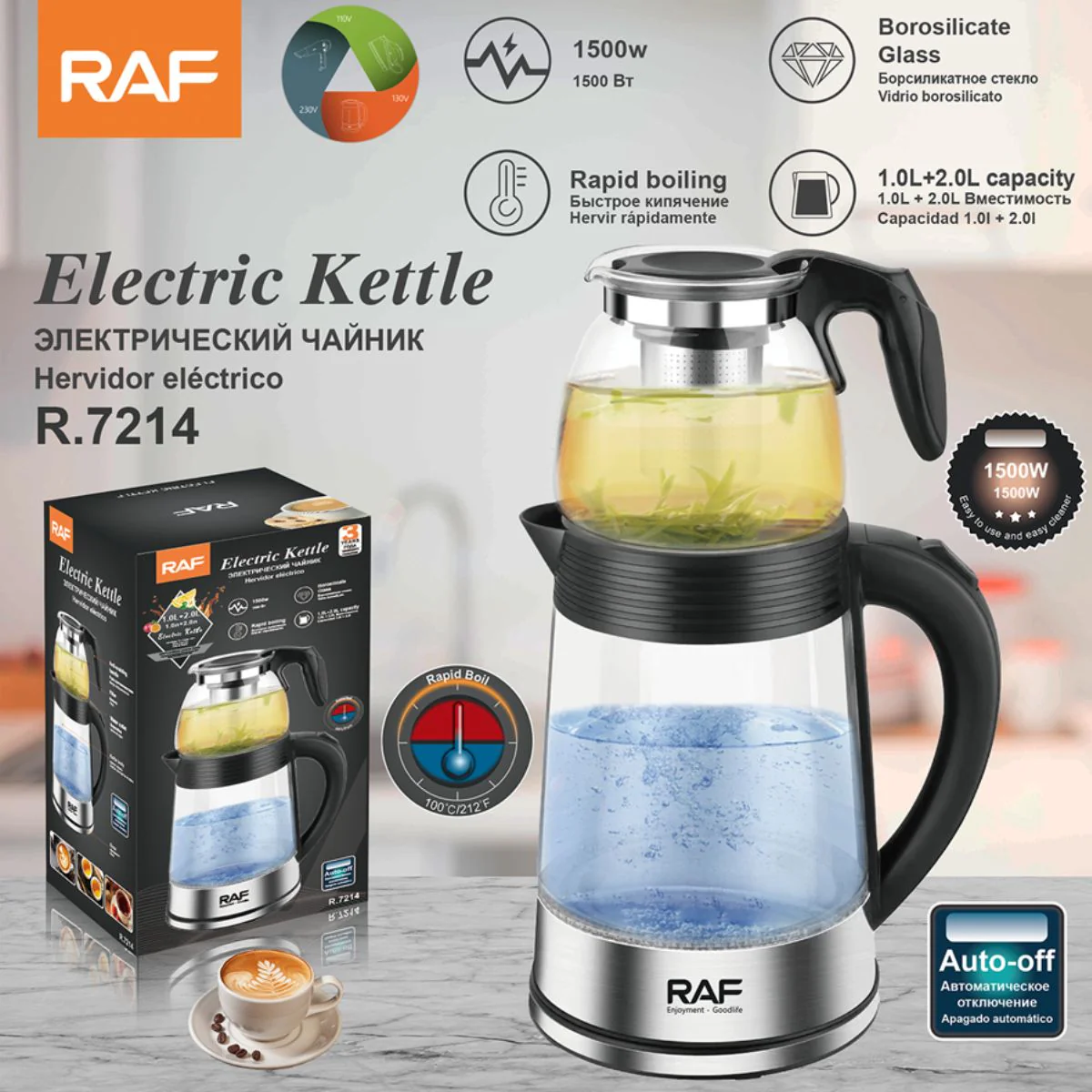 Hervidor Eléctrico De Vidrio 1000W 110V Con Infusor De Té. Capacidad 1L + 2L. Tetera De Vidrio Borosilicato.