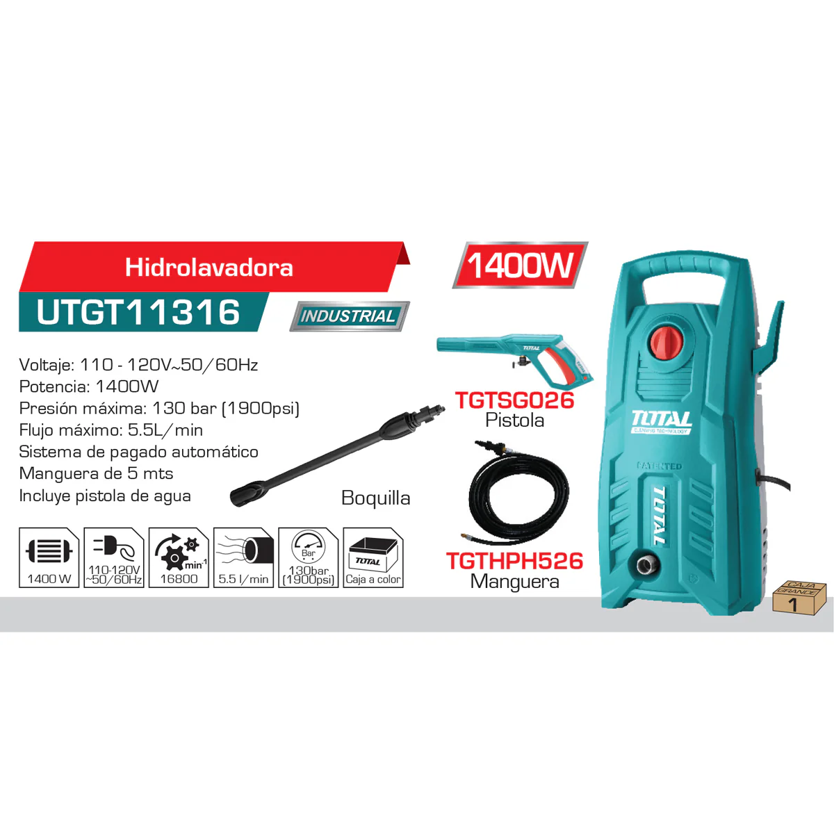 Hidrolavadora De 1900 PSI Potencia De 1400W. 110V 60Htz - Image 3