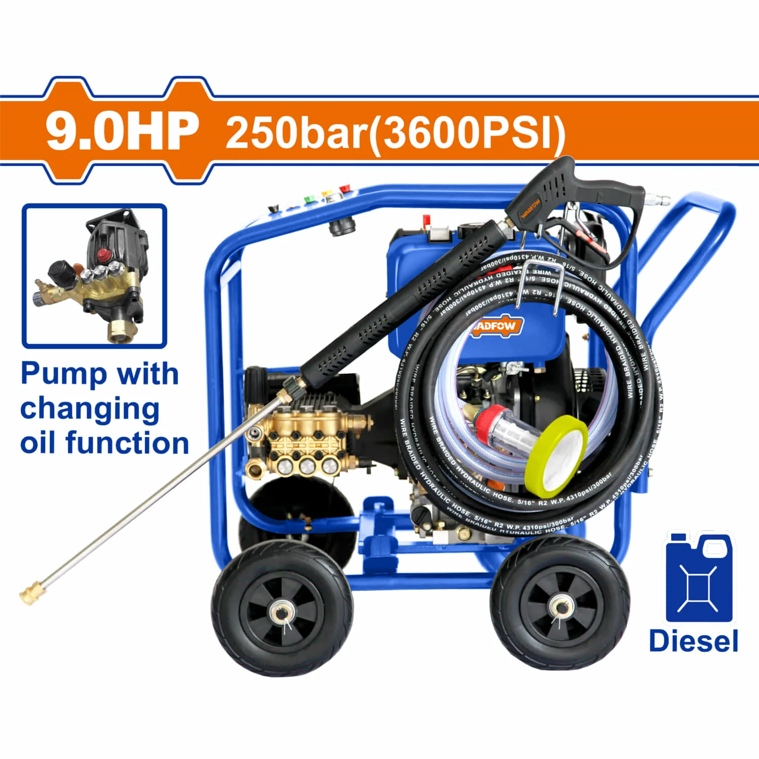 Hidrolavadora De Alta Presión 3600Psi A Diesel 9.0HP 250Bar Combustible 5.5L Tipo De Bomba: 3WZ-3600B