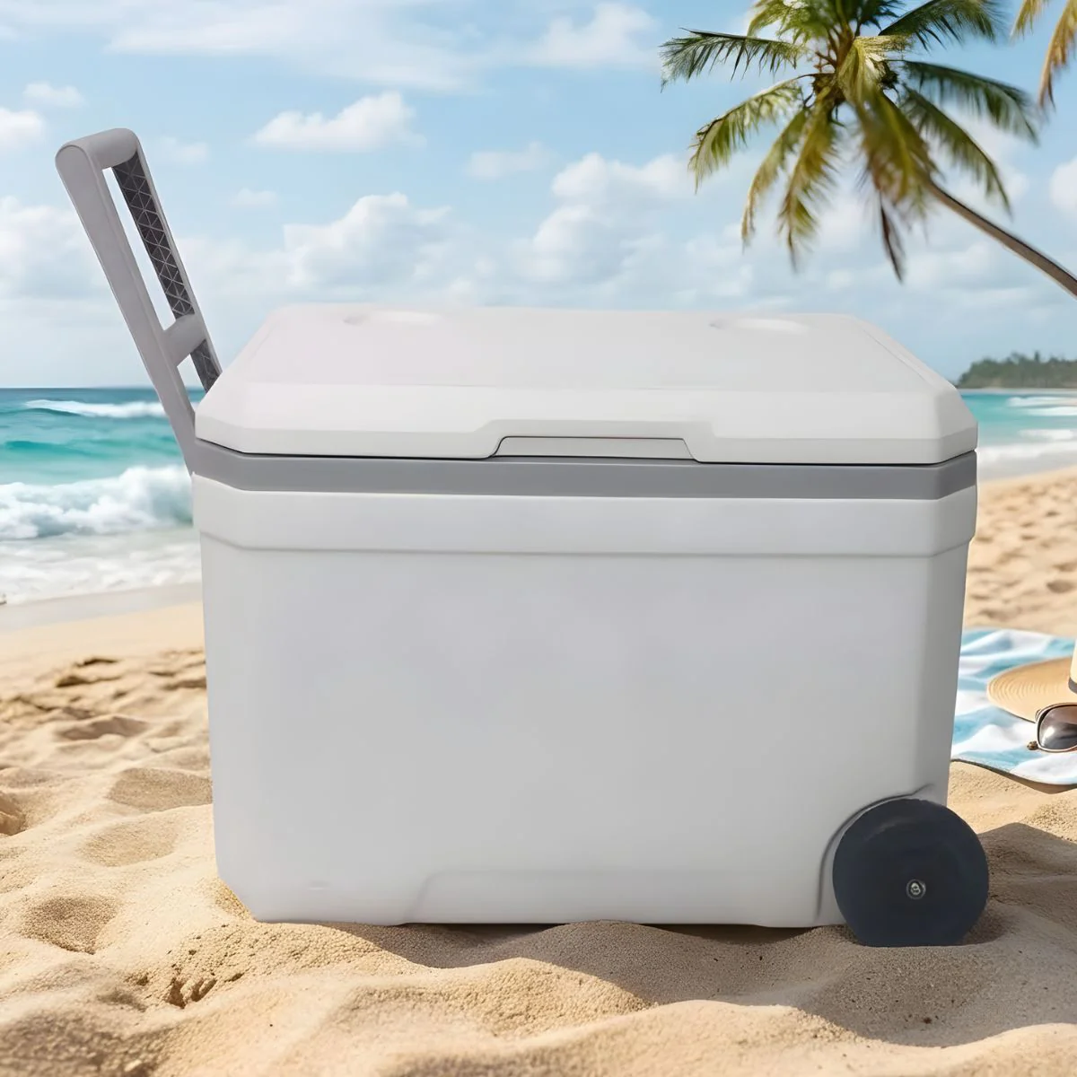 Hielera Portátil 48QT (45L) Con Ruedas Y Asas. Color Blanco.  Enfriador Rígido 57.8X38x41 Cm Para Camping, Playa Y Picnic. Cooler