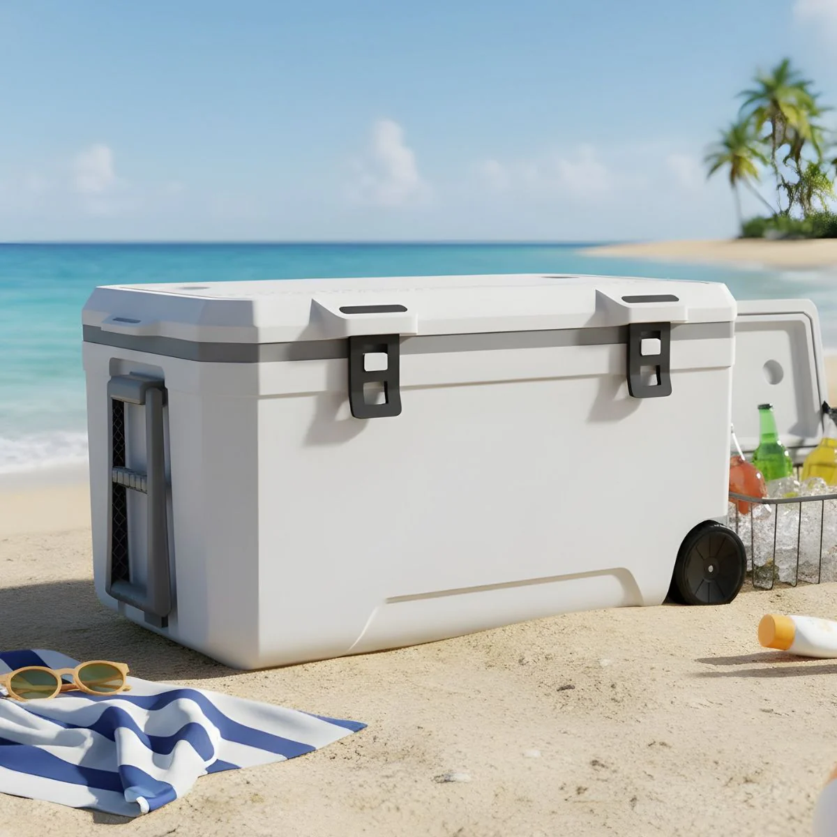 Hielera Portátil Rígida 127QT (120L) Con Ruedas (Color Blanco). Cooler Grande 94X55x50cm Para Camping, Pesca Y Playa.