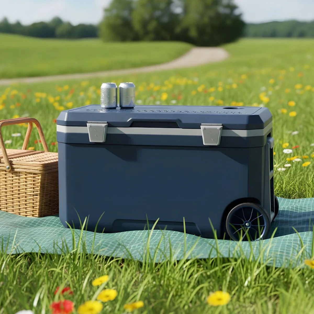 Hielera Portátil Rígida 74QT (70L) Azul Con Ruedas. Cooler Grande 74X44x42cm Para Camping, Playa Y Picnic.