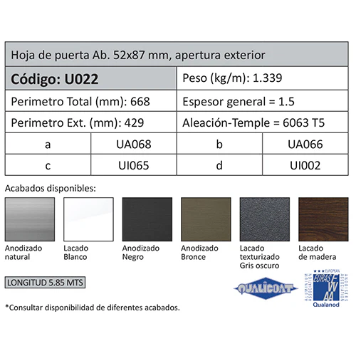 Hoja Puerta Abatible 52X87 Mm Apertura Exterior. Espesor 1.5 Mm. Largo 5.85 Mts. Acabado Lacado Bla - Image 2