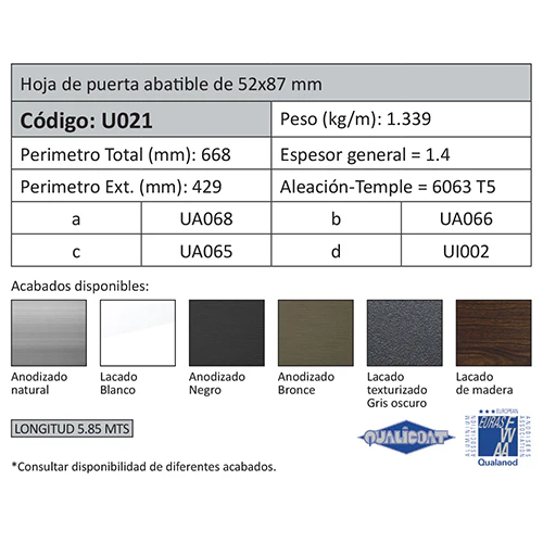 Hoja Puerta Abatible 52X87 Mm Espesor 1.5 Mm. Largo 5.85 Mts. Acabado Anodizado Bronze 15 Micron. (D - Image 2