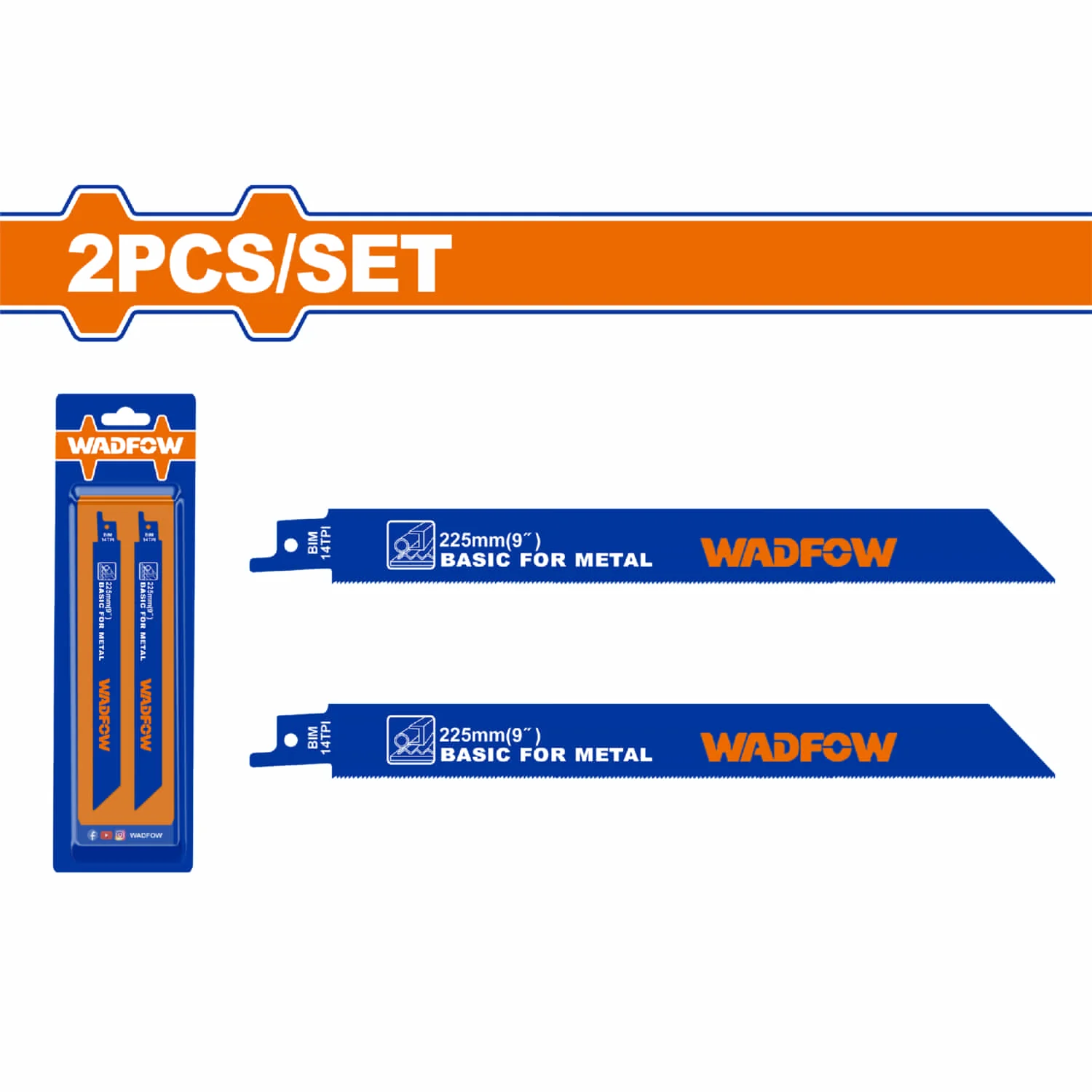Hojas De Sierra Sable Para Metal. 225Mm(9") 14TPI-BIM-Fresado. Set De 2 Piezas.