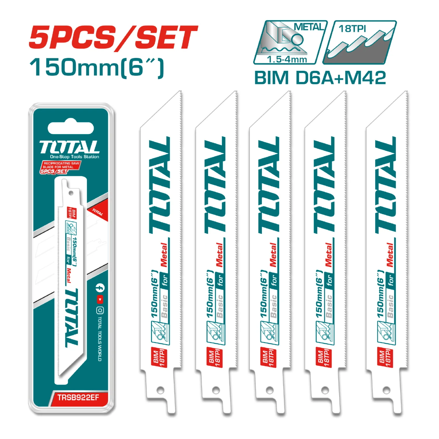 Hojas De Sierra Sable Para Metal 6" 18 TPI Set De 5 Piezas. - Image 2