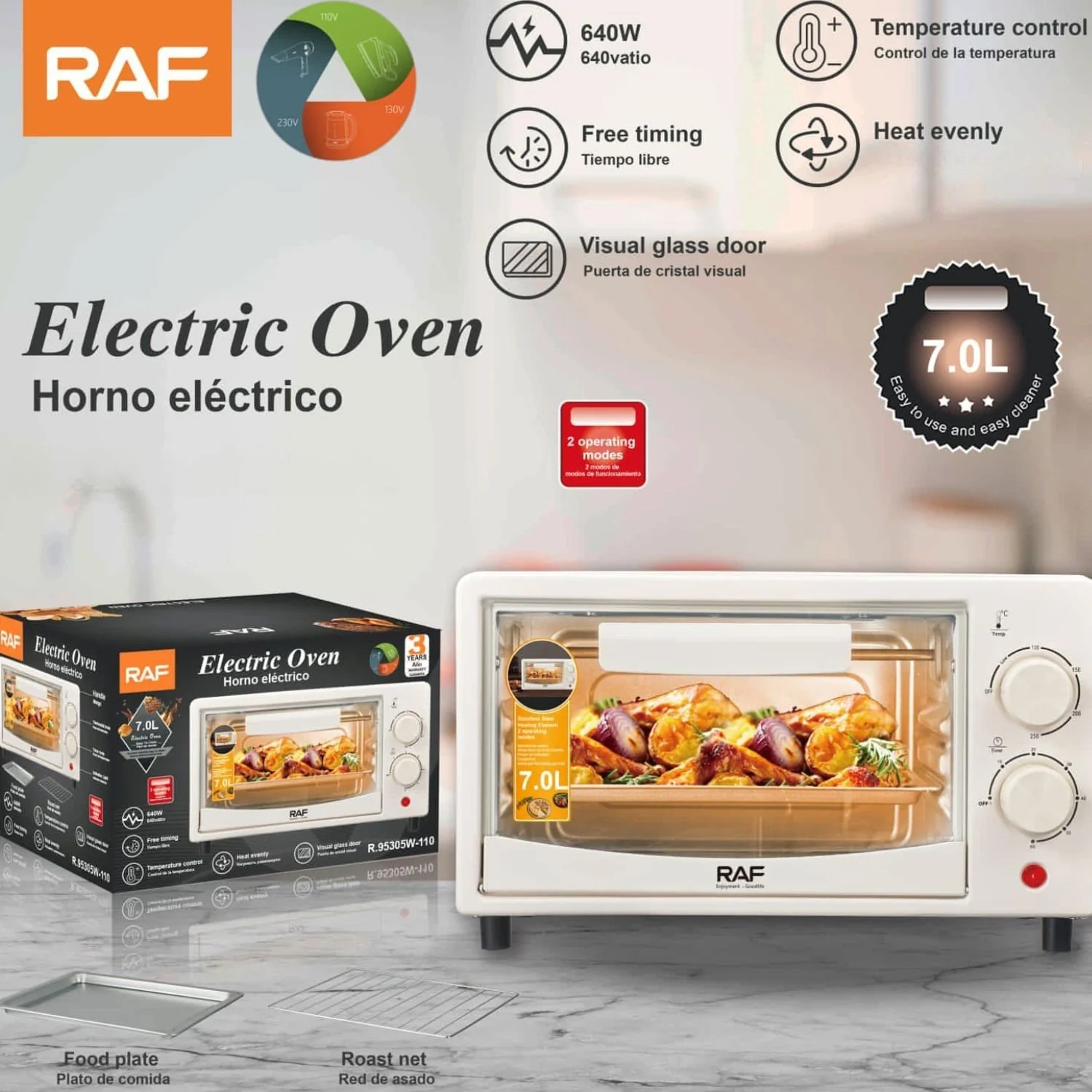 Horno Eléctrico 7L  640W, Puerta De Vidrio, 2 Modos, Calor Uniforme, Control   Temperatura. Horno Tostador