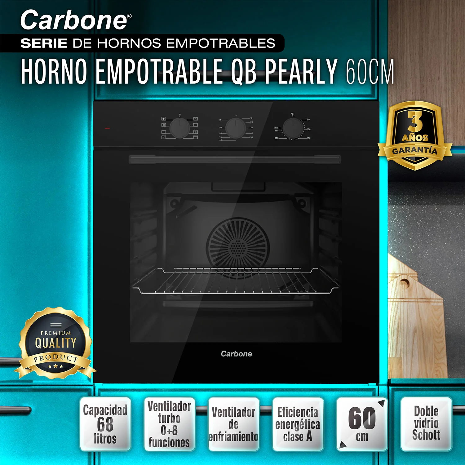 Horno Eléctrico Empotrable De 60 Cm Capacidad 68L 110V Rango 0°C A 250°C
