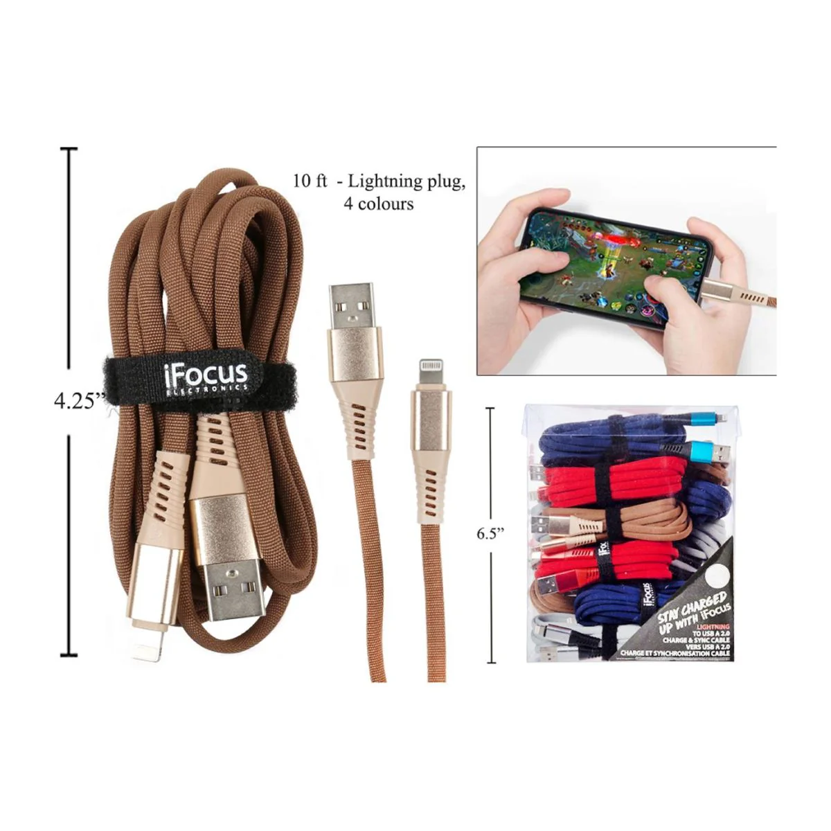 Ifocus 10Ft Lightning Plg Data Cable 4C, Correa De Velcro, Paquete (HZ) - Image 4