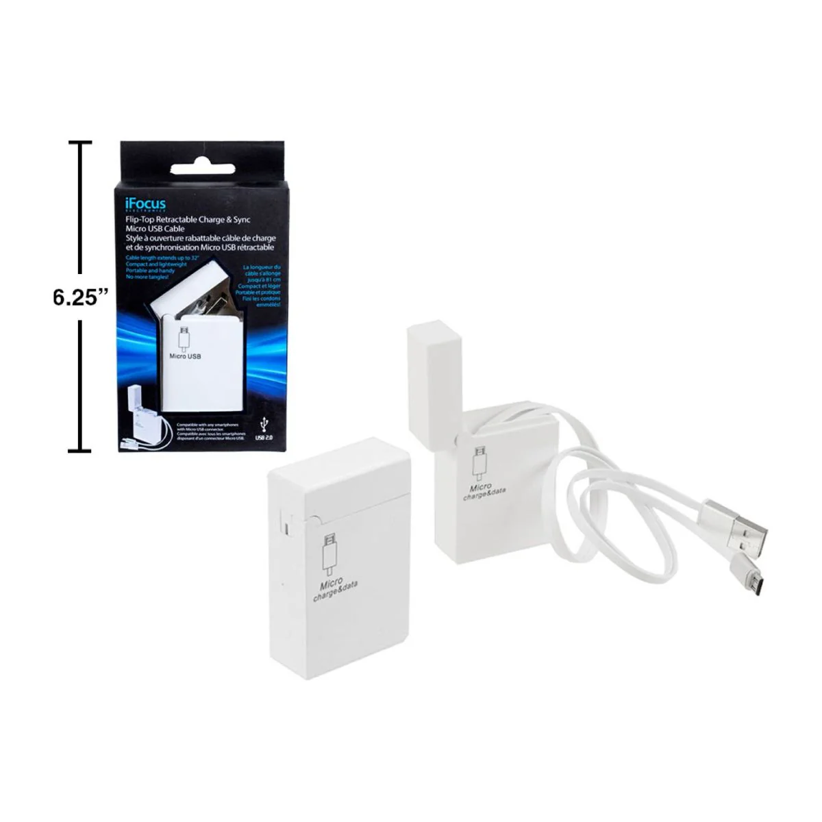 Ifocus, Cable De Sincronización Y Carga Micro USB Abatible, Retráctil, Blanco, Cbx - Image 2