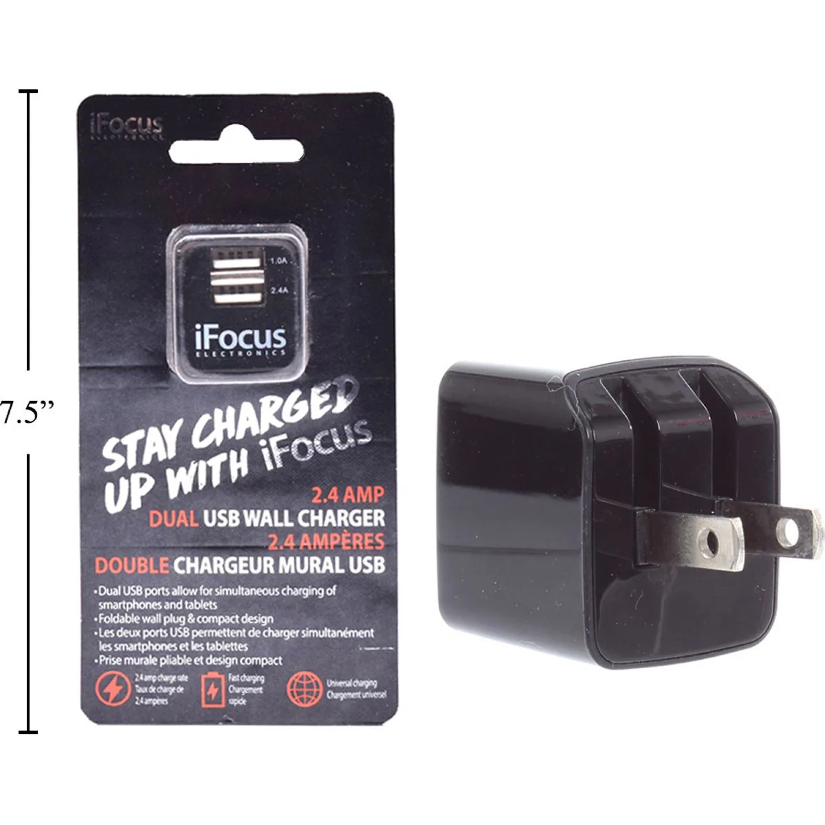 Ifocus, Cargador De Pared USB De Doble Puerto, 5V / 2.4A, Negro, B / C - Image 3
