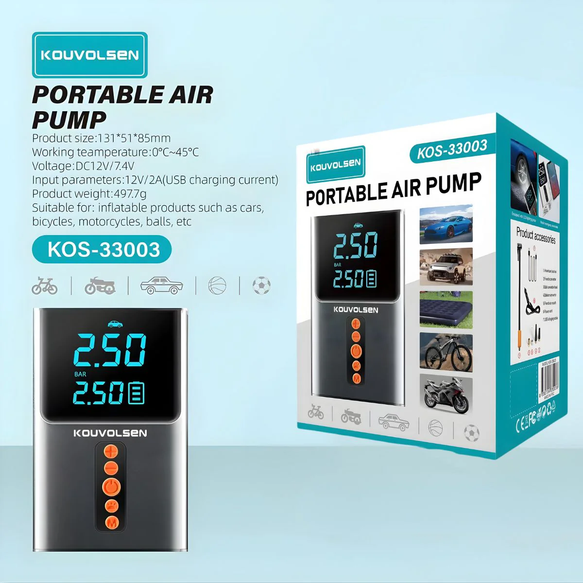 Inflador De Aire Portátil Digital Inalámbrico 150PSI Con Pantalla LCD Y Luz LED. Inflador De Llantas Para Autos, Motos Y Bicicletas.