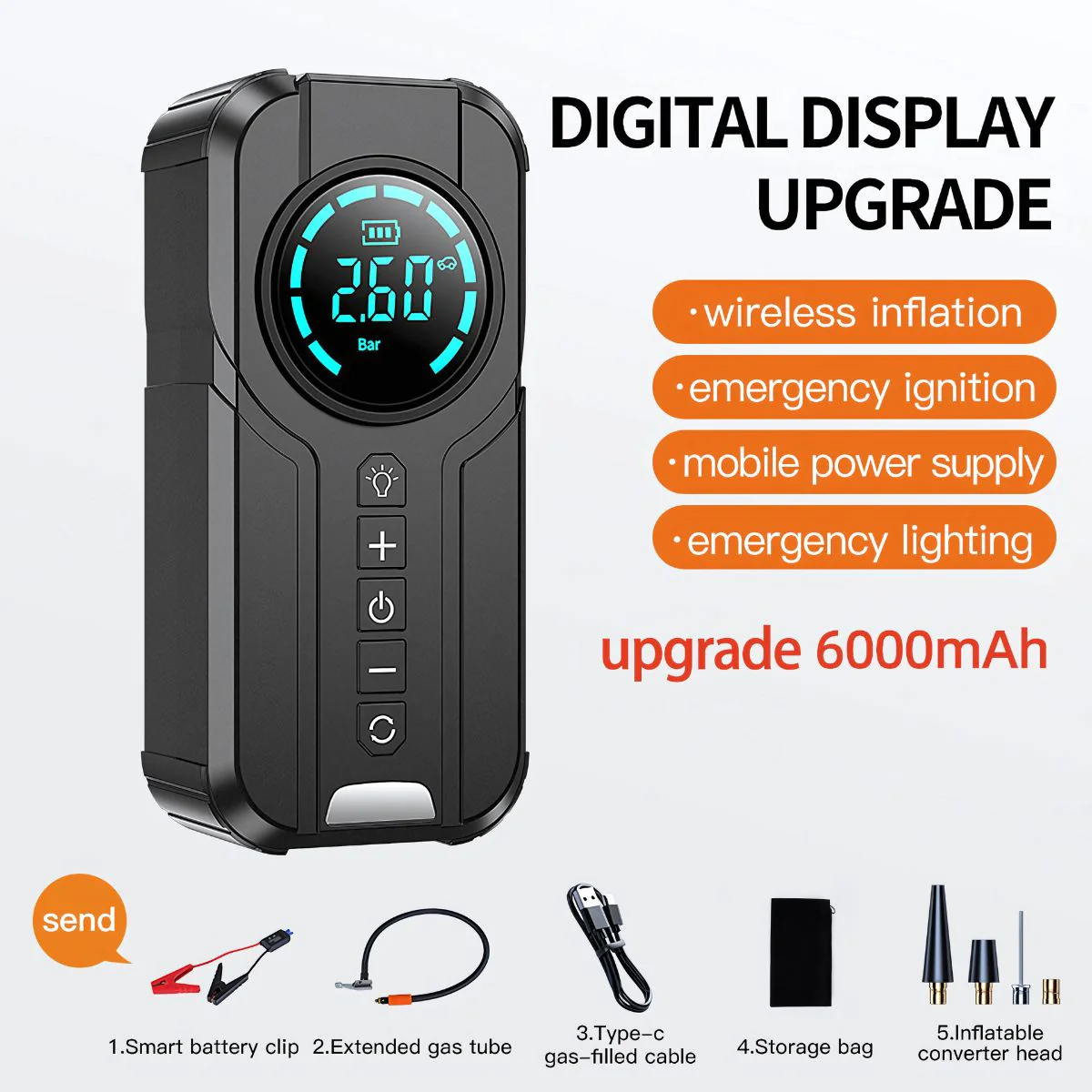 Jumper Con Inflador De Llantas Digital Portátil. 6000Mah. Compresor De Neumáticos 12V