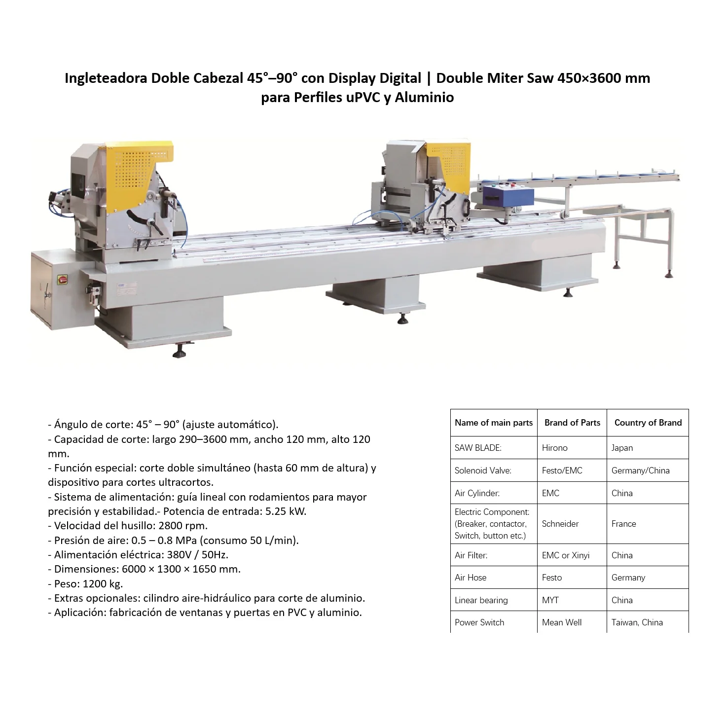 Ingleteadora Doble Cabezal 45°–90° Con Display Digital | Double Miter Saw 450×3600 Mm Para Perfiles PVC Y Aluminio - Image 2