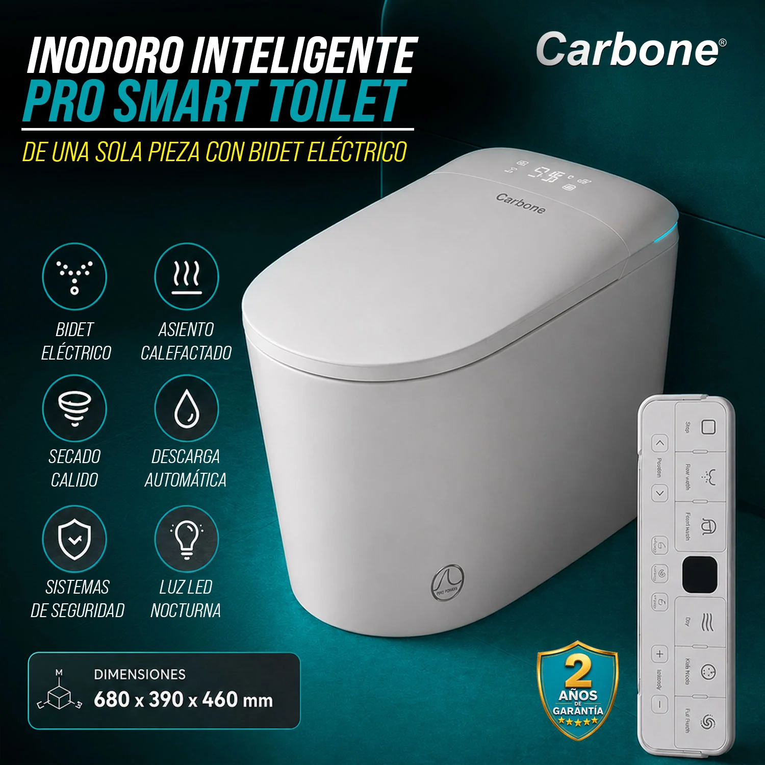 Inodoro Inteligente Pro Smart Toilet One Piece Con Bidet Eléctrico 110V/60Hz Manual Y Control Remoto Multifunción Diseño Premium Alta Calidad 680X390x460mm