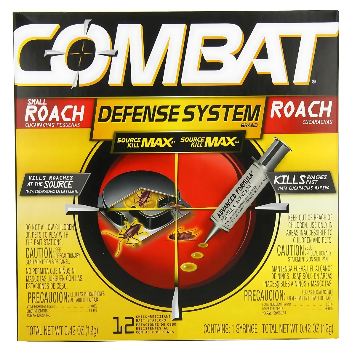 Insecticida Cebo Y Gel Mata Cucarachas COMBAT MAX. 12 Estaciones Y 1 Jeringa 0.42 Oz Cucarachicida