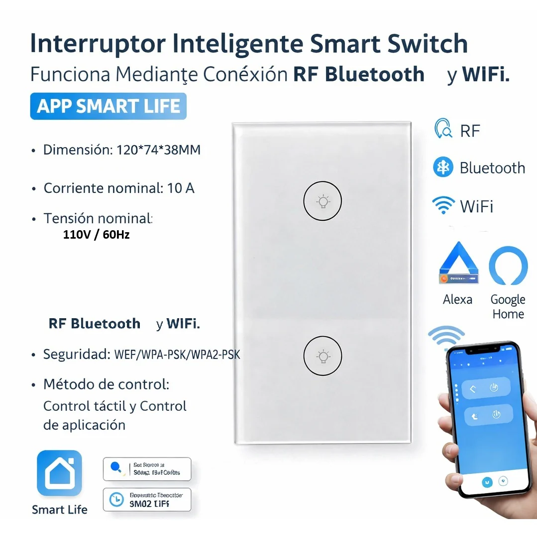 Interruptor Inteligente Smart Switch Funciona Mediante Conexión RF Bluetooth Y Wifi. Color Blanco - Image 2