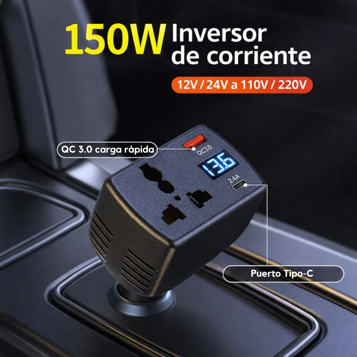 Inversor De Corriente Para Auto 150W 12V/24V A 110V/220V Con USB QC 3.0 Y USB-C, Pantalla LED Digital Y Protección Inteligente