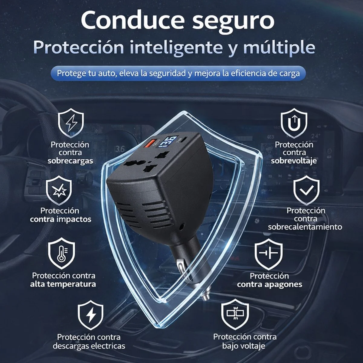 Inversor De Corriente Para Auto 150W 12V/24V A 110V/220V Con USB QC 3.0 Y USB-C, Pantalla LED Digital Y Protección Inteligente - Image 5