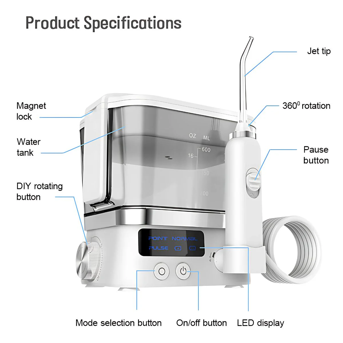 Irrigador Bucal Eléctrico Con 10 Niveles De Presión Y 6 Boquillas. Tanque De 600Ml Y Almacenamiento Higiénico. - Image 5