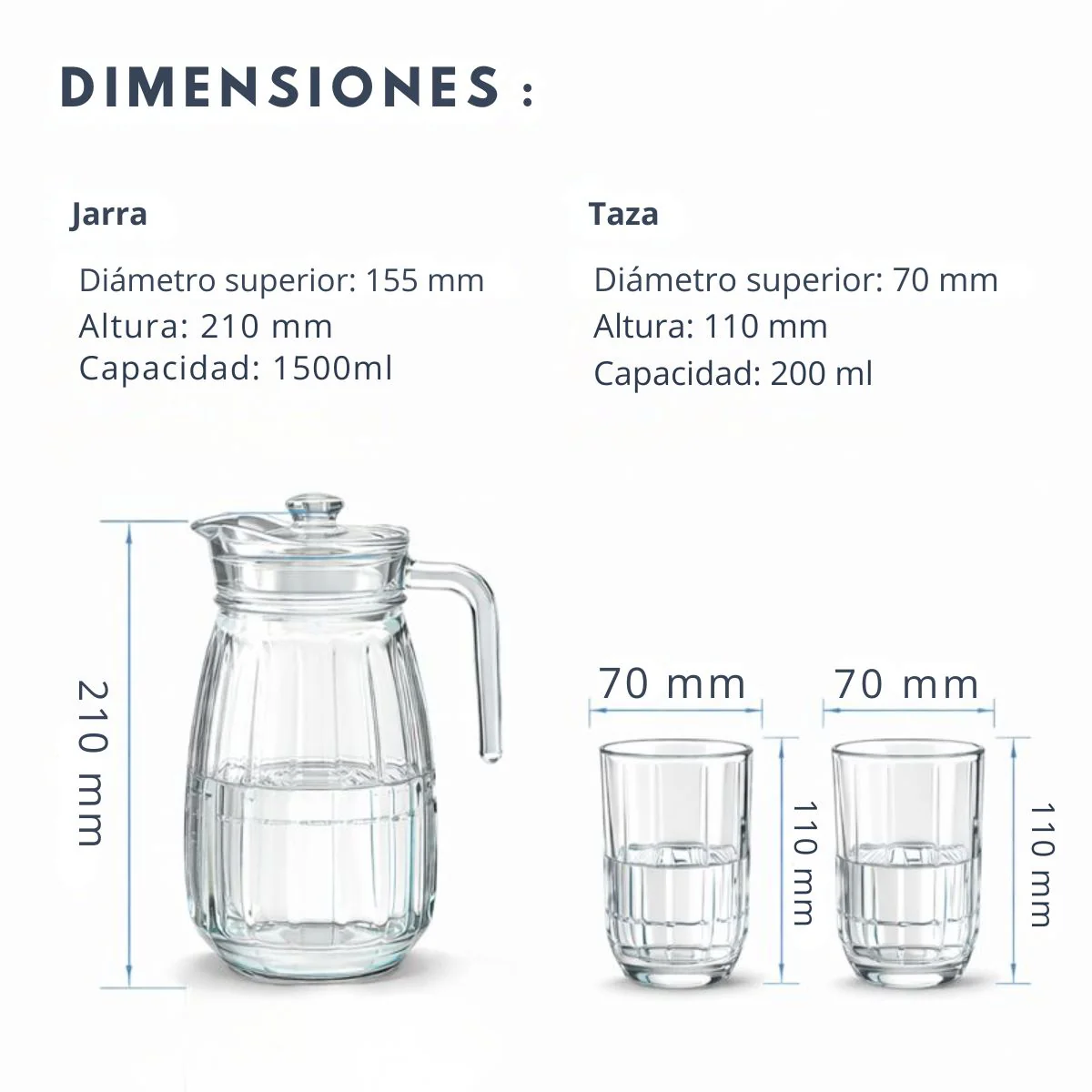 Jarra De Vidrio Con 4 Vasos. Diseño Vertical Elegante. Capacidad De 1.5 L. Set De 5 Unidades. - Image 2