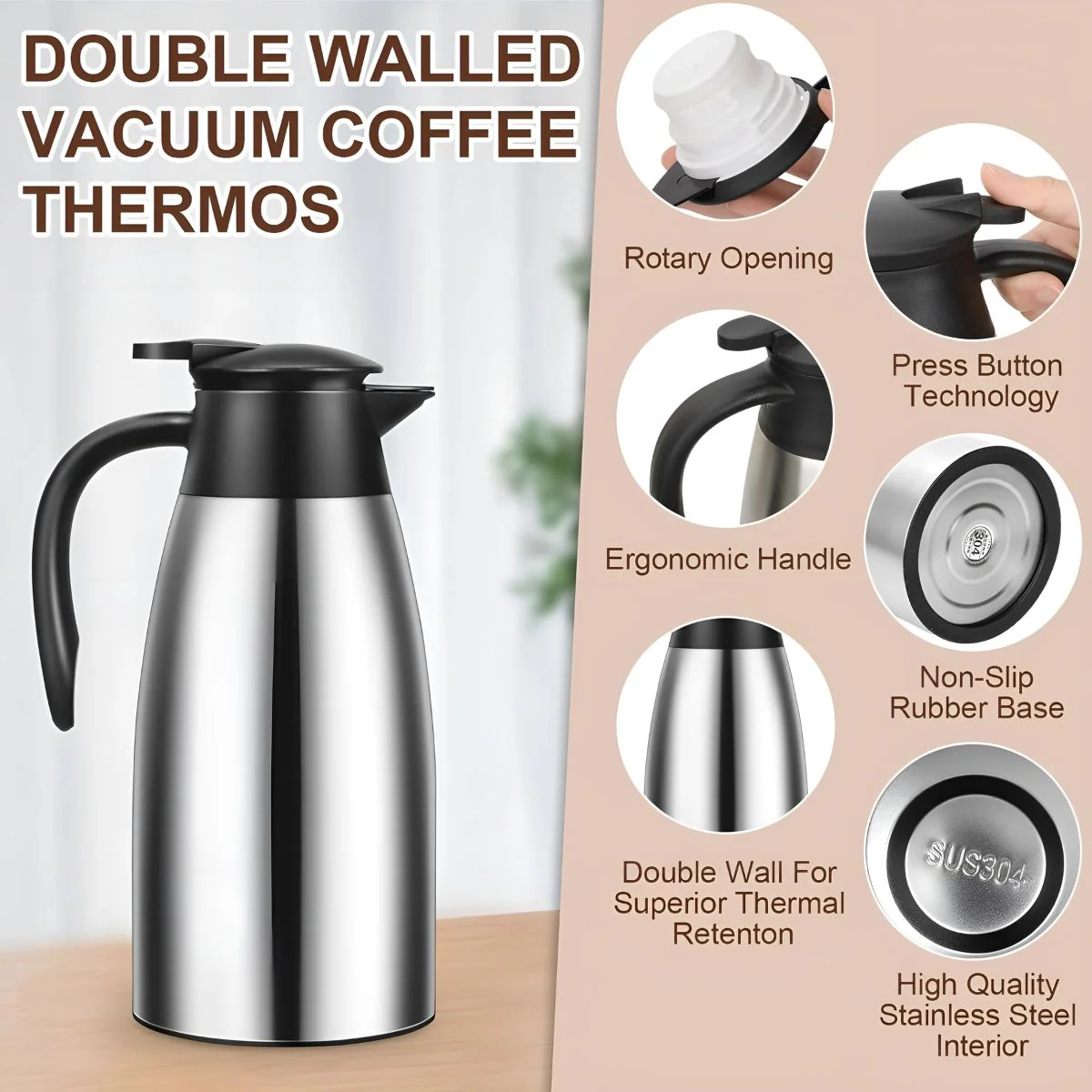 Jarra Térmica De Café 68Oz. (2Lts) Termo De Acero Inoxidable. Conserva Bebidas Calientes 12H Y Frías 24H. - Image 4